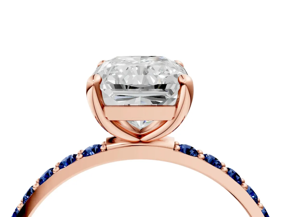 Radiant Cut Diamond Solitaire Ring with Round Blue Sapphire Pavé Band and Prong Setting Rose gold
