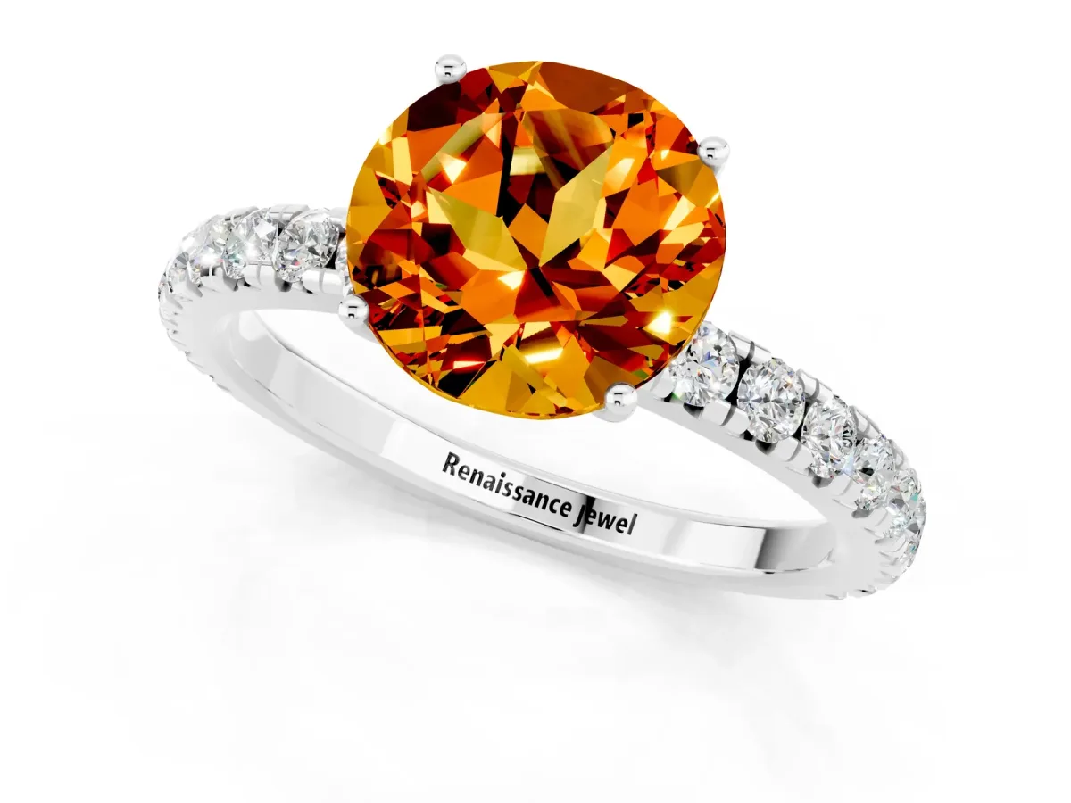 Round Cut Citrine Pavé Solitaire Engagement Ring with Four-Prong Setting Silver