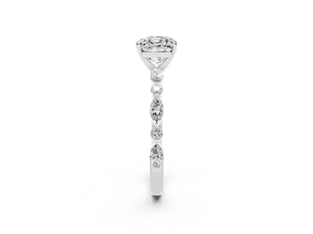 Cushion Cut Moissanite Ring with Marquise and Round Side Stones and Four-Prong Setting White gold