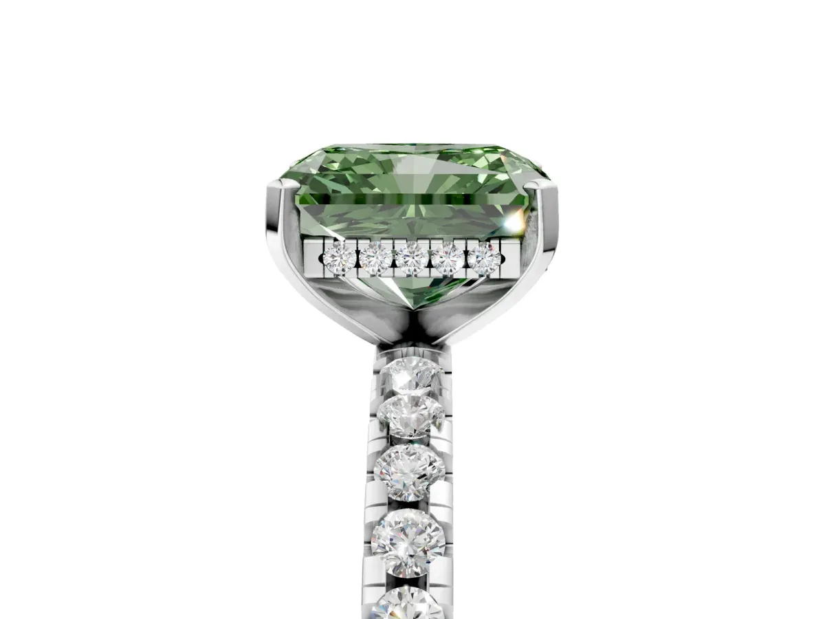 Fancy Green Radiant Cut Diamond Solitaire Ring with Round Pavé Band and Four-Prong Setting White gold