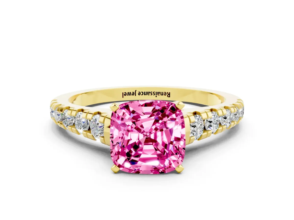 Cushion Cut Pink Sapphire Cathedral Solitaire Ring with Round Pavé Band Yellow gold