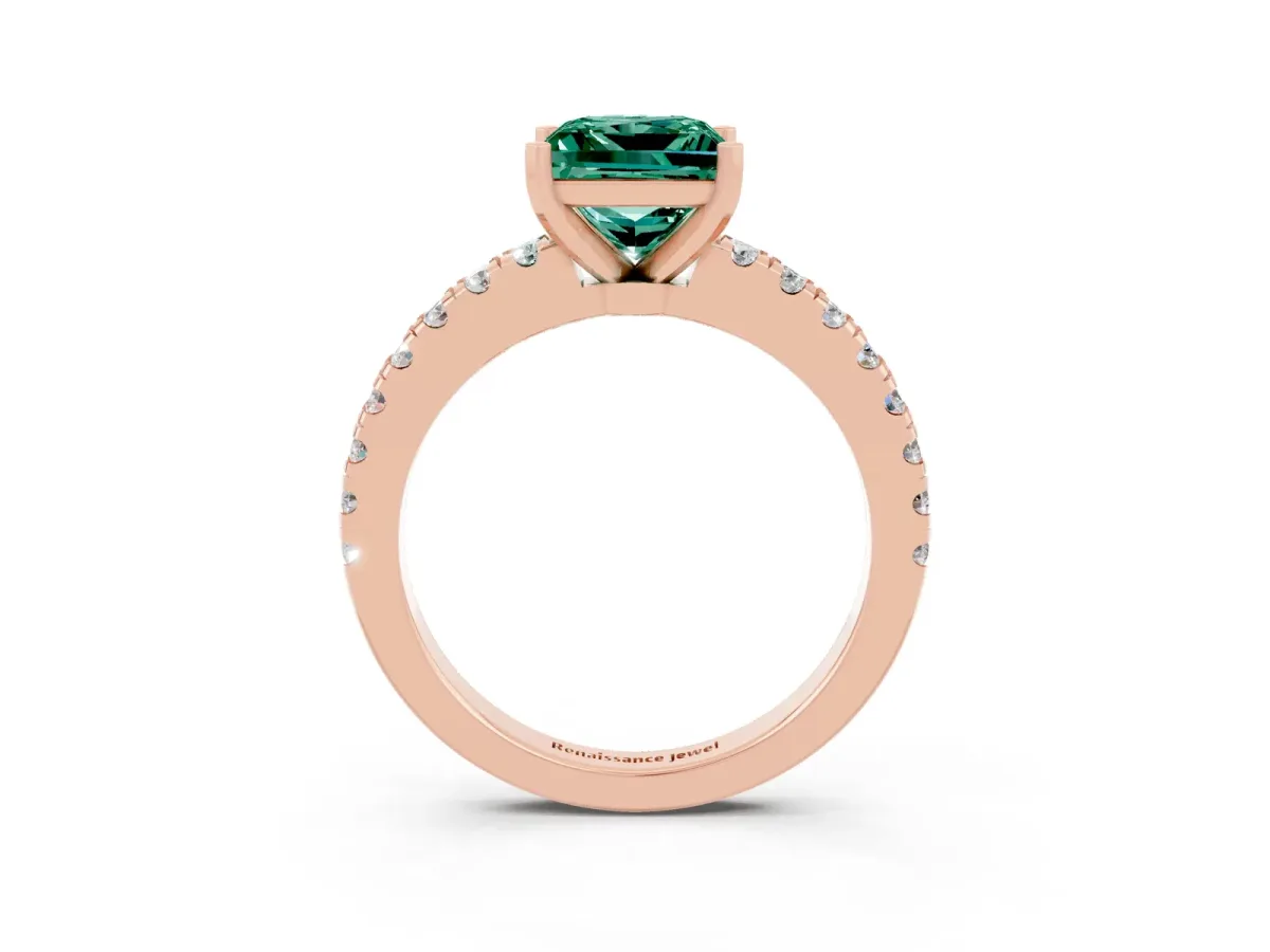 Princess Cut Solitaire Green Sapphire with Pavé Band and Four-Prong Setting Rose gold