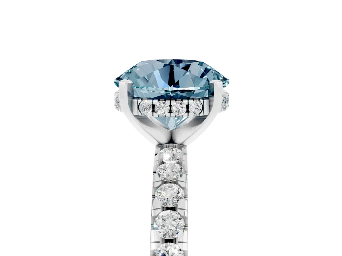 Round Cut Aquamarine Solitaire Ring with Round Pavé Band and Four-Prong Setting White gold