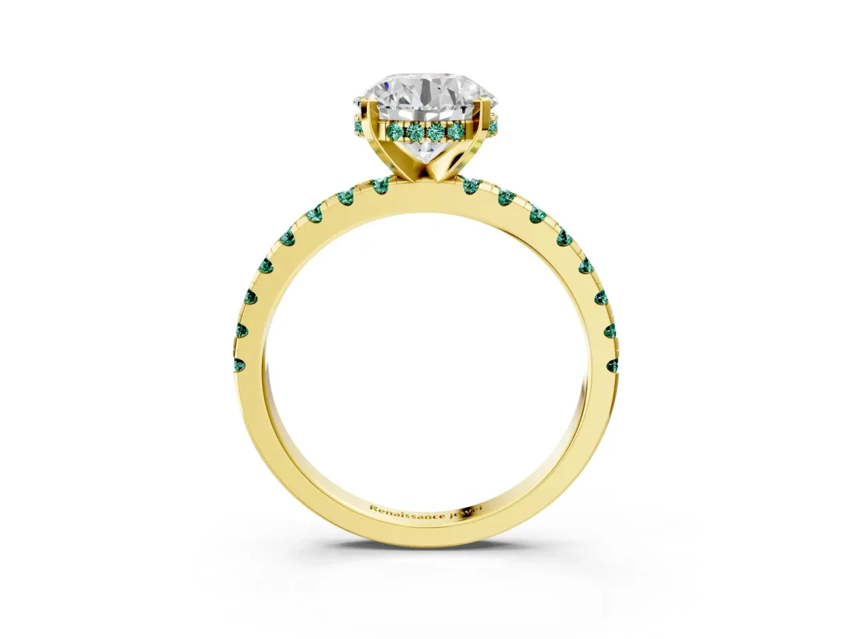 Round Cut Diamond Solitaire Ring with Round Green Sapphire Pavé Band and Four-Prong Setting Yellow gold