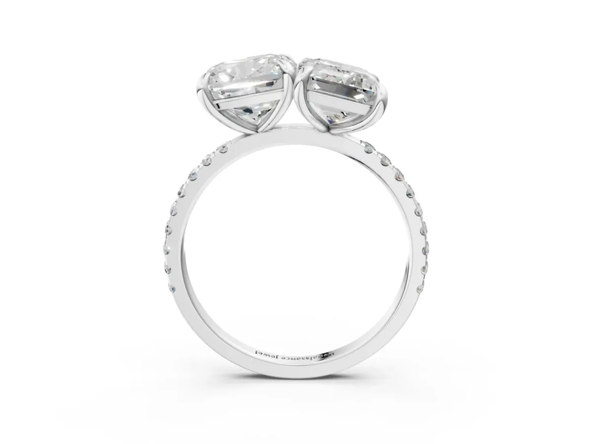 Cushion and Emerald Toi Moi Ring with Prong Setting and Pave Band Platinum