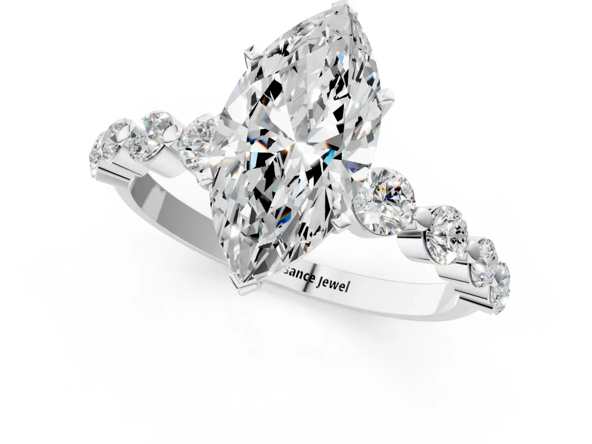 Marquise Cut Solitaire Diamond Ring with Pave Band and Four-Prong Setting Platinum