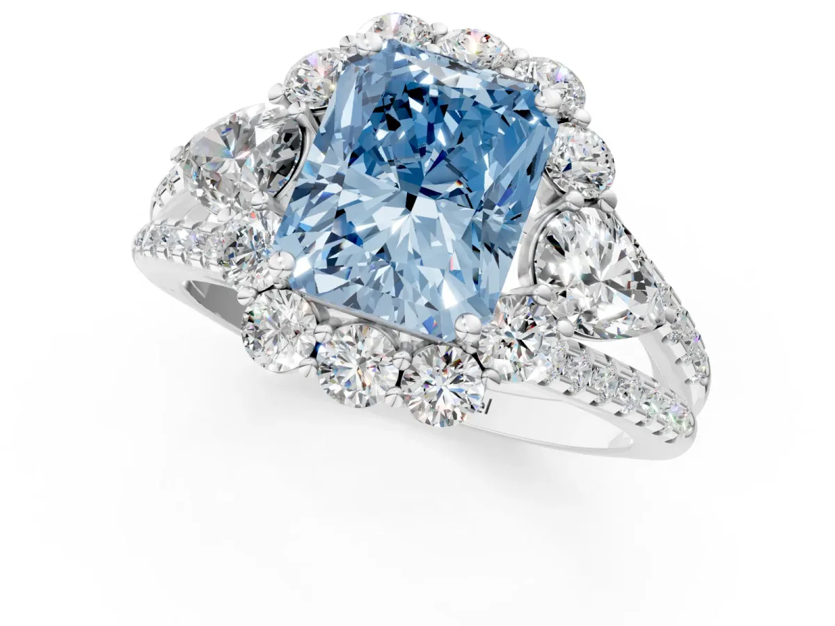 Fancy Blue Radiant Cut Halo Split Shank Diamond Engagement Ring with Prong Setting Platinum