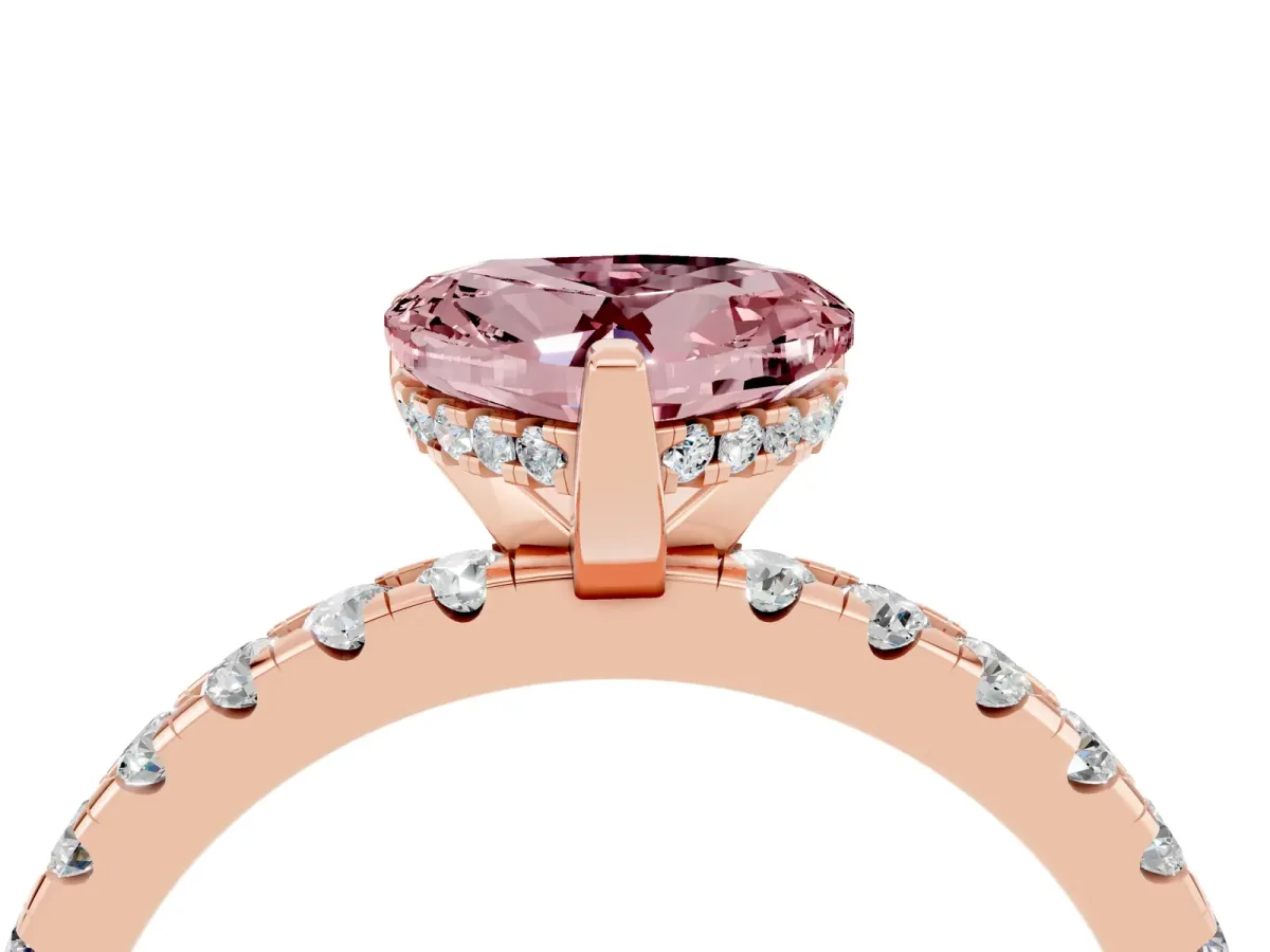 Heart Cut Morganite Solitaire Ring with Round Pavé Band and Four-Prong Setting Rose gold
