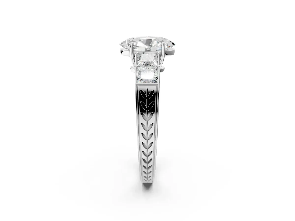 Oval Cut Solitaire Princess Side Stone Engraved Band Prong Setting Ring White gold