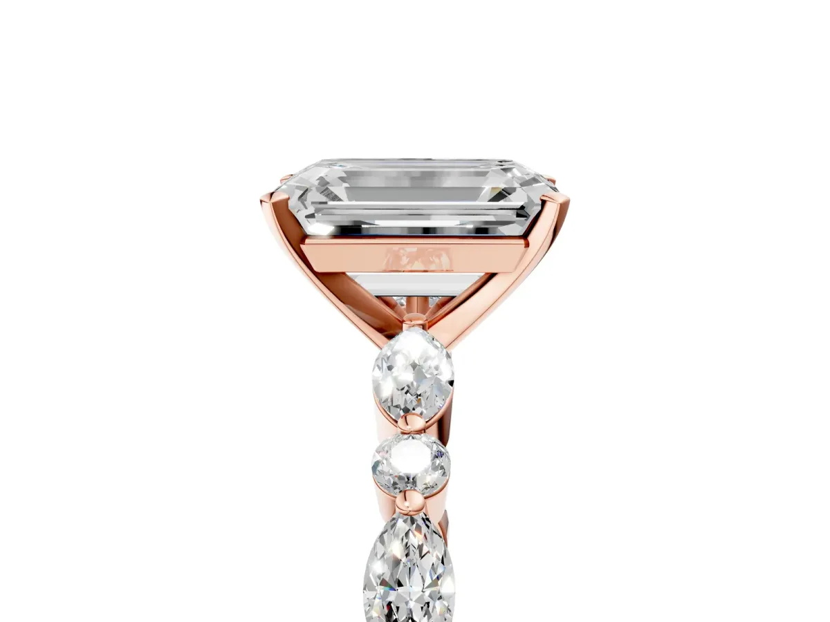 Emerald Cut Diamond Ring with Marquise and Round Moissanite Side Stones and Four-Prong Setting Rose gold