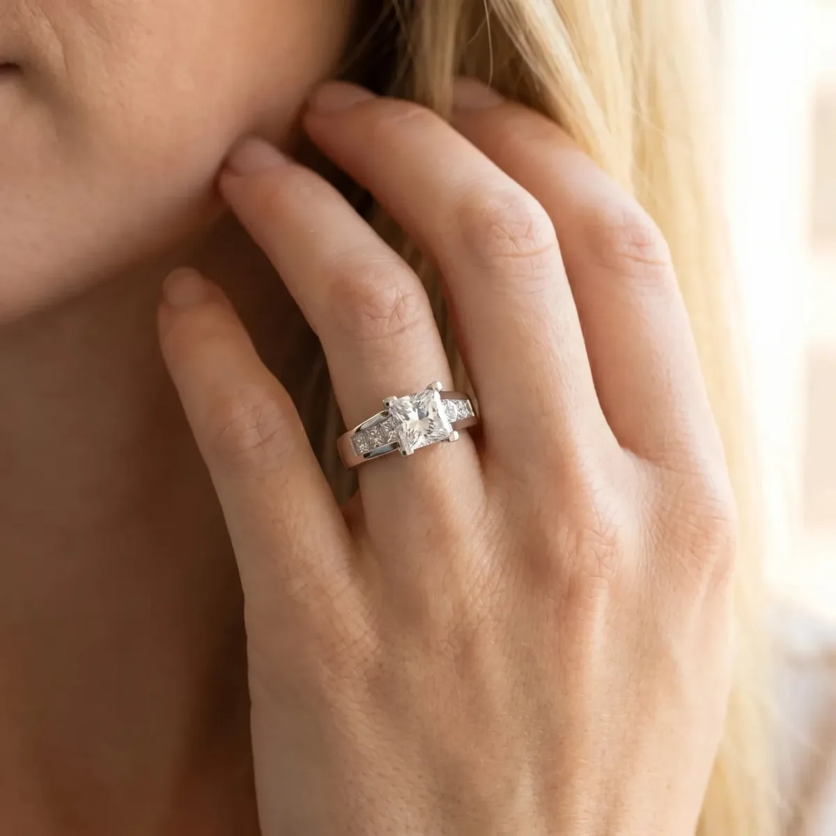 Asscher Cut Cut Channel Set Solitaire Ring with Four-Prong Setting Platinum