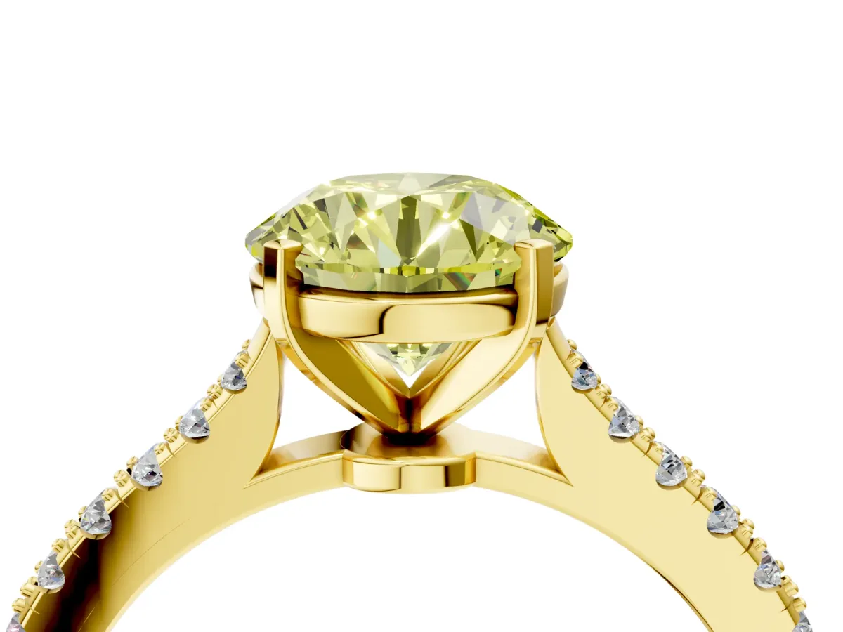 Fancy Yellow Round Cut Cut Solitaire Diamond Engagement Ring with Pave Band and Four-Prong Setting Yellow gold