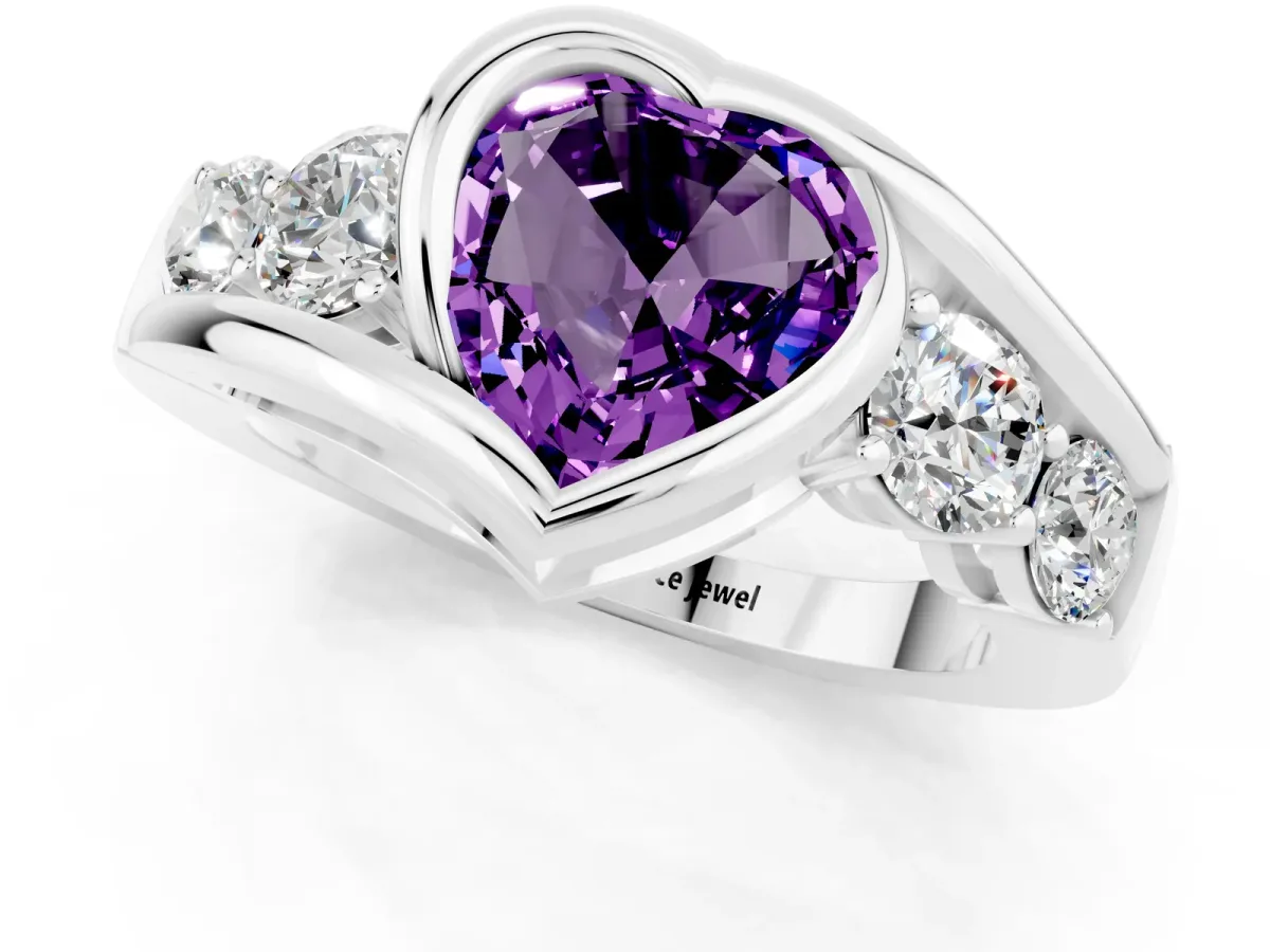 Bezel Set Heart Cut Amethyst Bypass Ring with Round Accents Silver