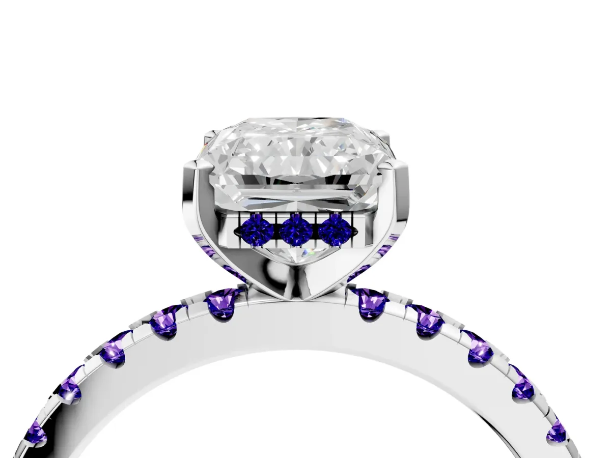 Radiant Cut Diamond Solitaire Ring with Round Tanzanite Pavé Band and Four-Prong Setting White gold
