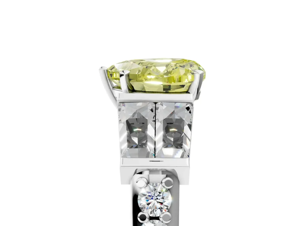 Fancy Yellow Heart Cut Diamond Engagement Ring with Baguette Side Stones and Channel Set Band Platinum