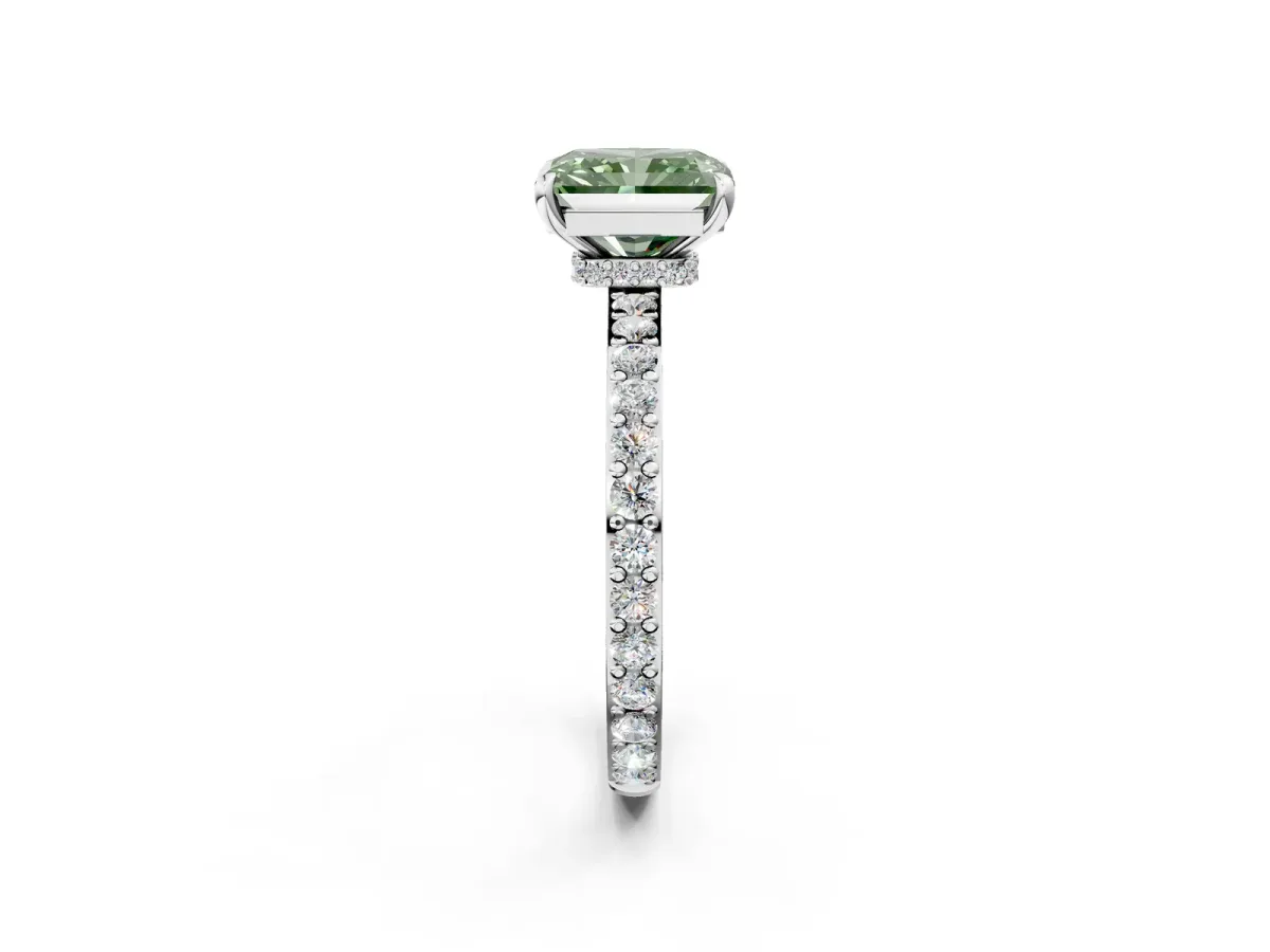Fancy Green Radiant Cut Diamond Solitaire Engagement Ring with Pavé Band and Four-Prong Setting White gold