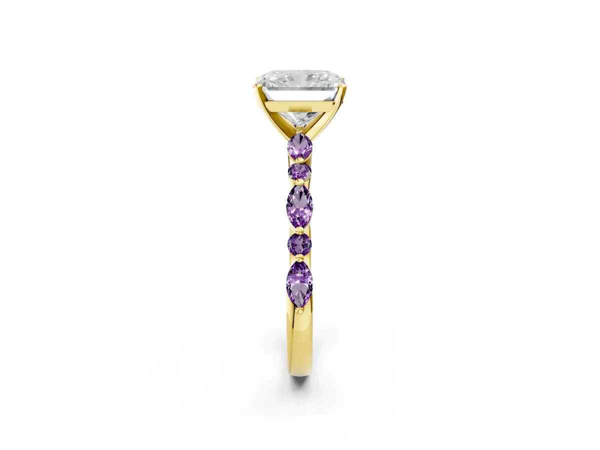 Radiant Cut Diamond Ring with Marquise and Round Amethyst Side Stones and Four-Prong Setting Yellow gold
