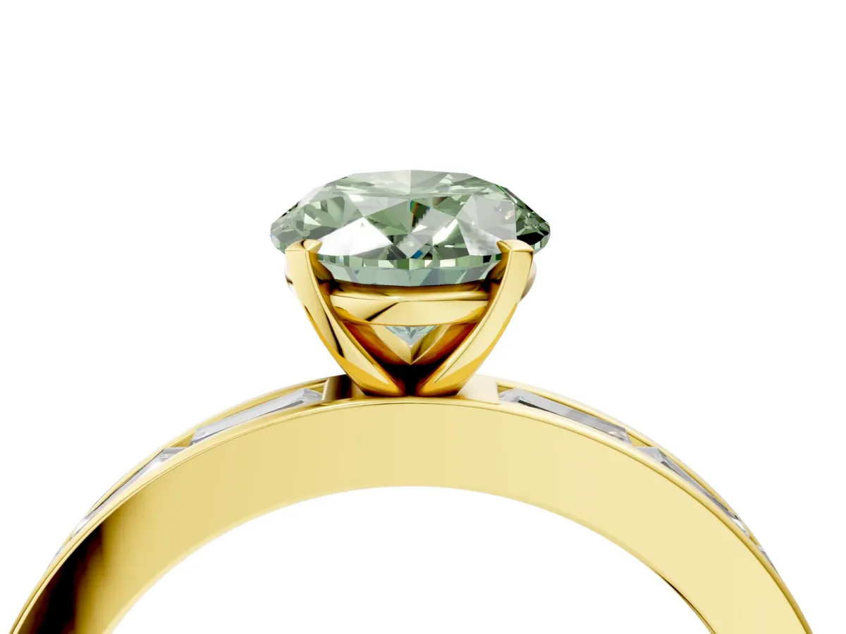 Fancy Green Oval Cut Solitaire Diamond Ring with Channel-Set Baguette Band and Four-Prong Setting Yellow gold