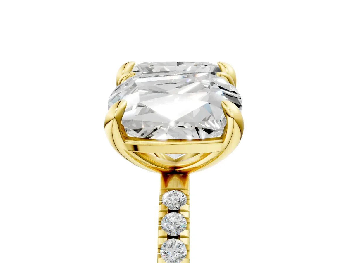 Cushion and Princess Toi Moi Ring with Prong Setting and Pave Band Yellow gold
