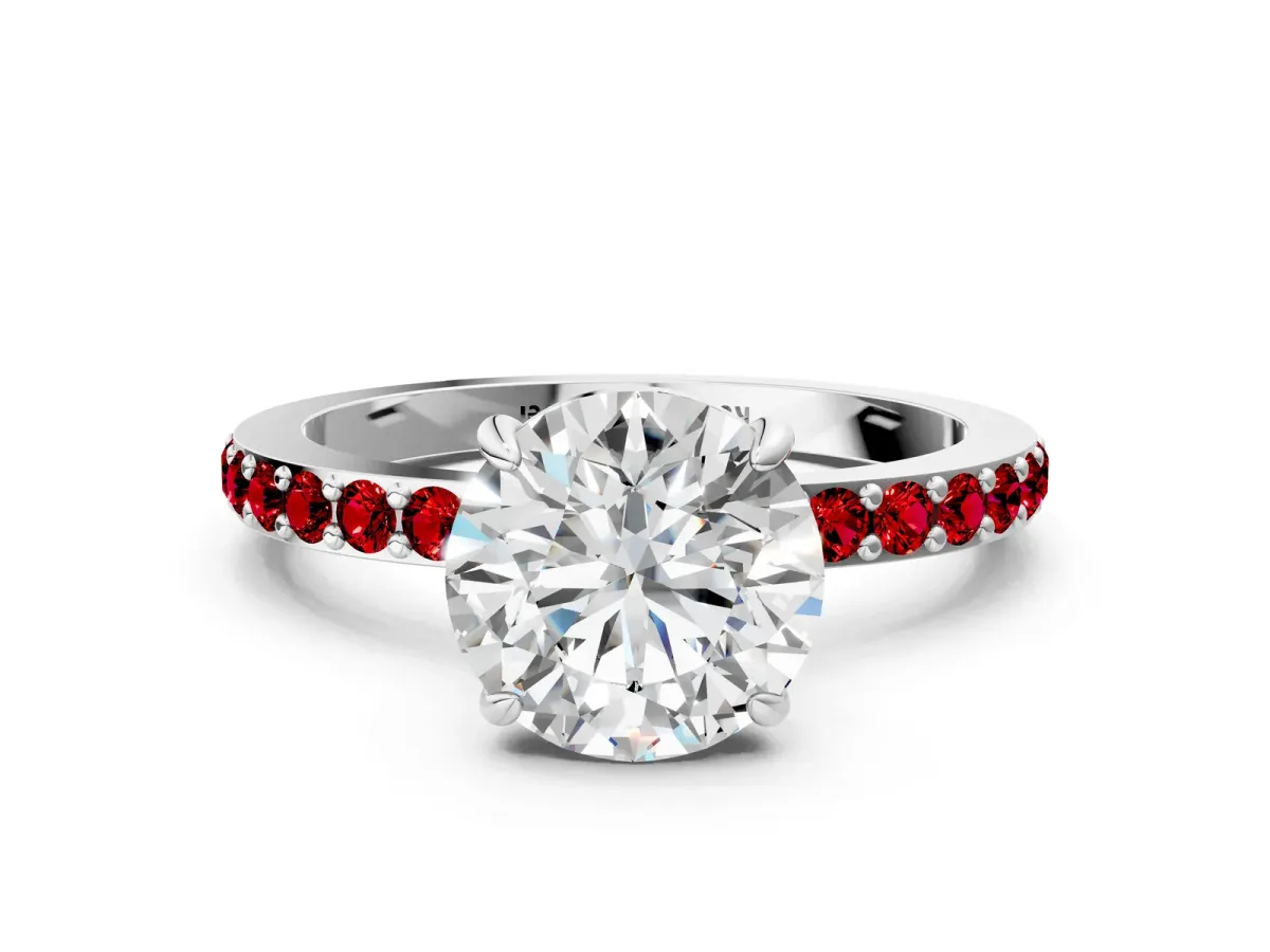 Round Cut Diamond Pavé Engagement Ring with Round Tanzanite Accents and Prong Setting White gold
