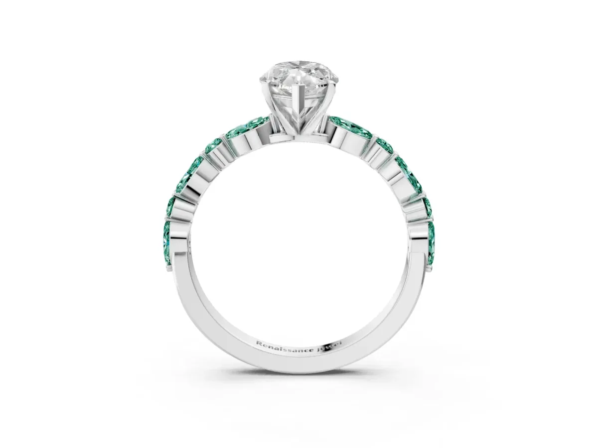 Marquise Cut Diamond Ring with Marquise and Round Green Sapphire Side Stones and Four-Prong Setting Platinum