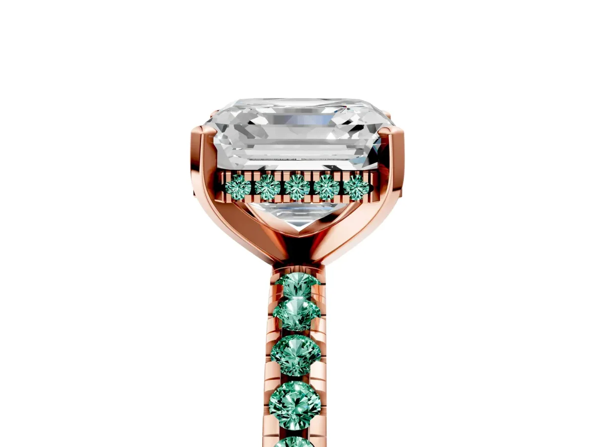 Asscher Cut Diamond Solitaire Ring with Round Green Sapphire Pavé Band and Four-Prong Setting Rose gold