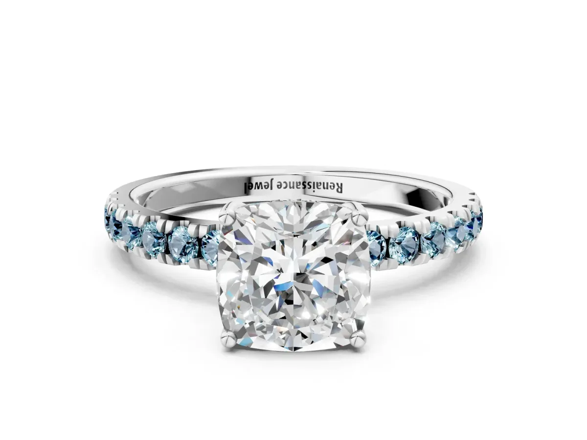 Cushion Cut Diamond Pave Band Solitaire Ring with Round Aquamarine and Prong Setting White gold