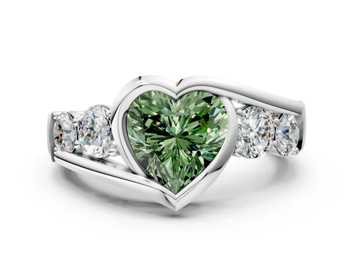Fancy Green Bezel Set Heart Cut Diamond Bypass Ring with Round Accents Platinum
