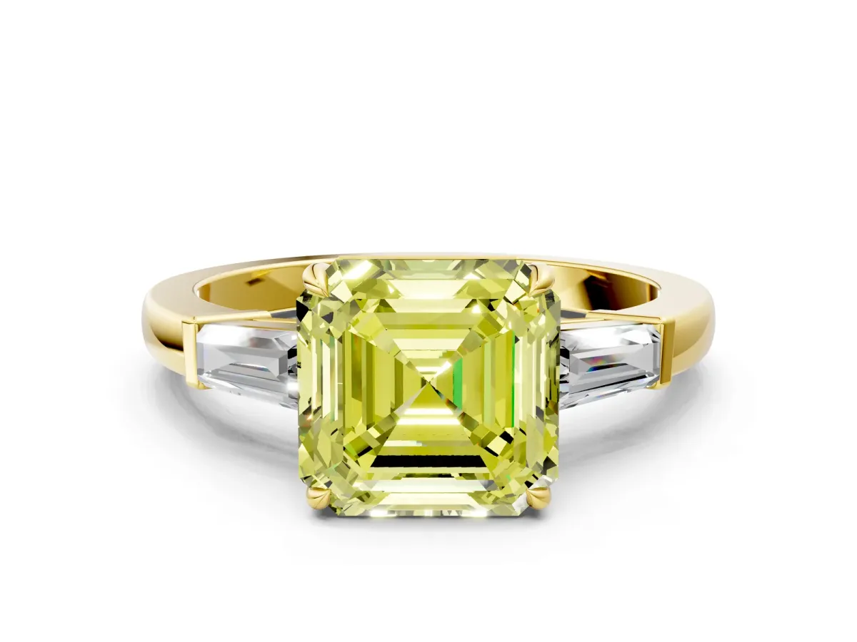 Fancy Yellow Asscher Cut Diamond Three-Stone Ring with Tapered Baguette Side Stones and Prong Setting Yellow gold