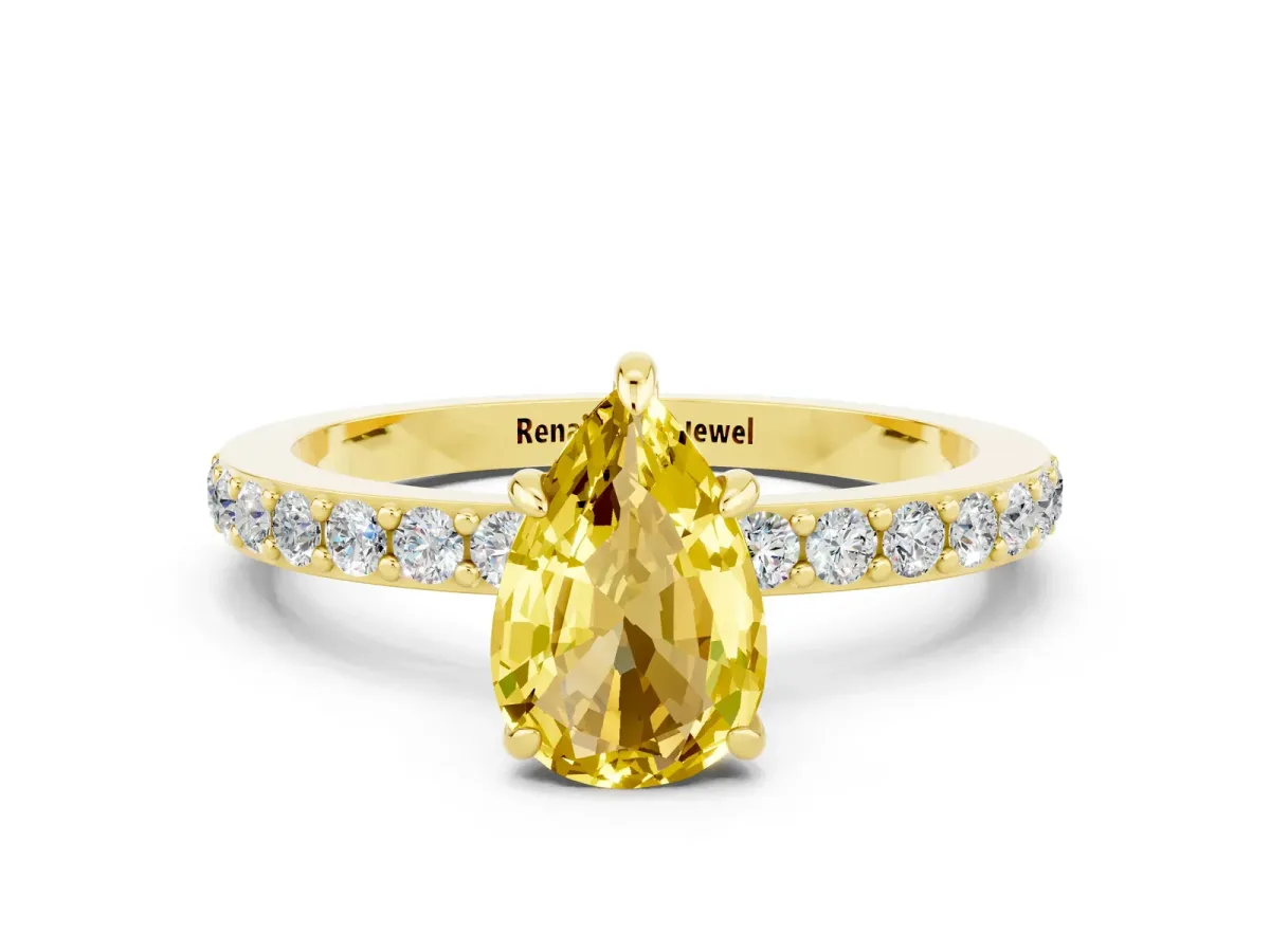 Pear Cut Yellow Sapphire Solitaire Engagement Ring with Pavé Band and Four-Prong Setting Yellow gold