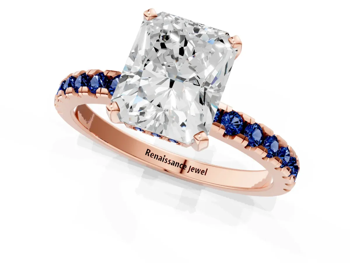 Radiant Cut Diamond Solitaire Ring with Round Blue Sapphire Pavé Band and Four-Prong Setting Rose gold
