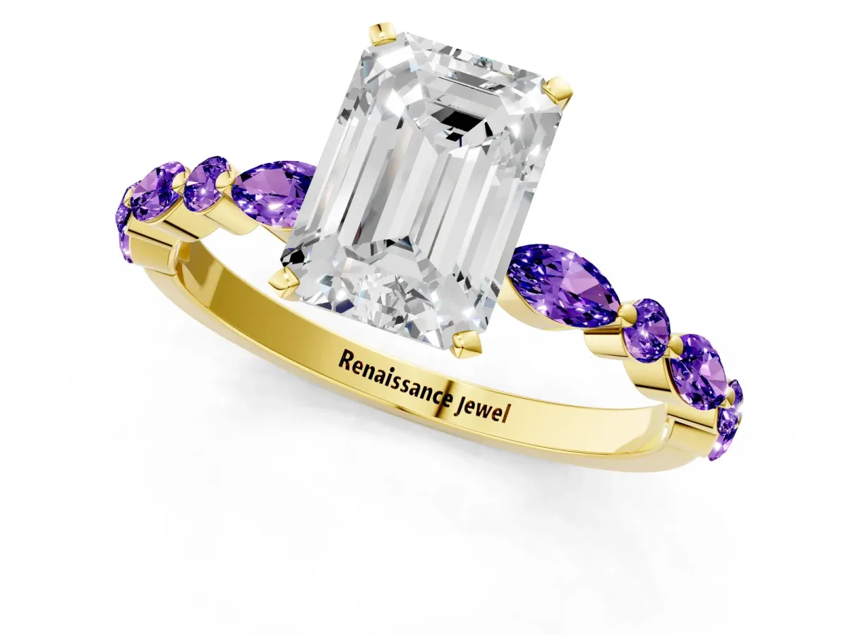 Emerald Cut Diamond Ring with Marquise and Round Tanzanite Side Stones and Four-Prong Setting Yellow gold