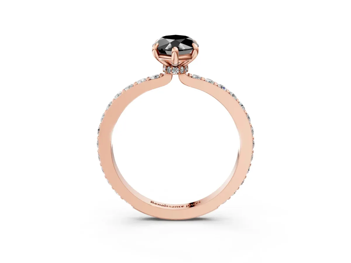 Fancy Black Marquise Cut Diamond Solitaire Engagement Ring with Pavé Band and Four-Prong Setting Rose gold