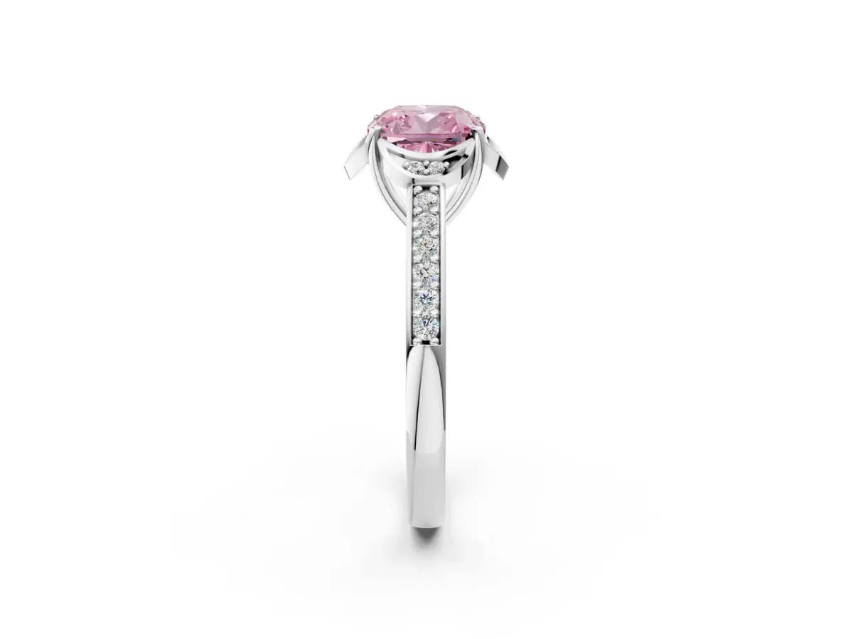 Fancy Pink Cushion Cut Cut Halo Diamond Ring with Channel Set Band and Four-Prong Setting White gold