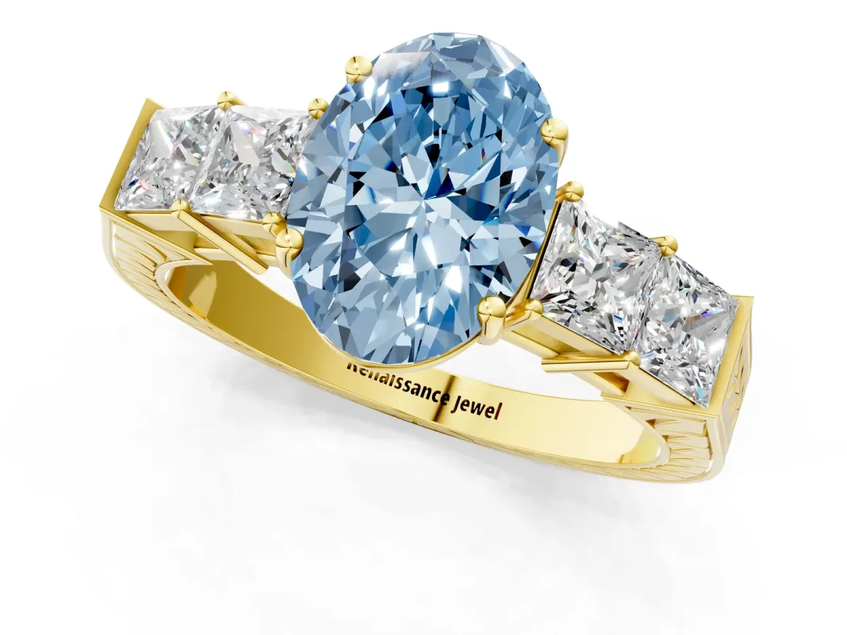 Fancy Blue Oval Cut Solitaire Princess Side Stone Engraved Band Prong Setting Ring Yellow gold