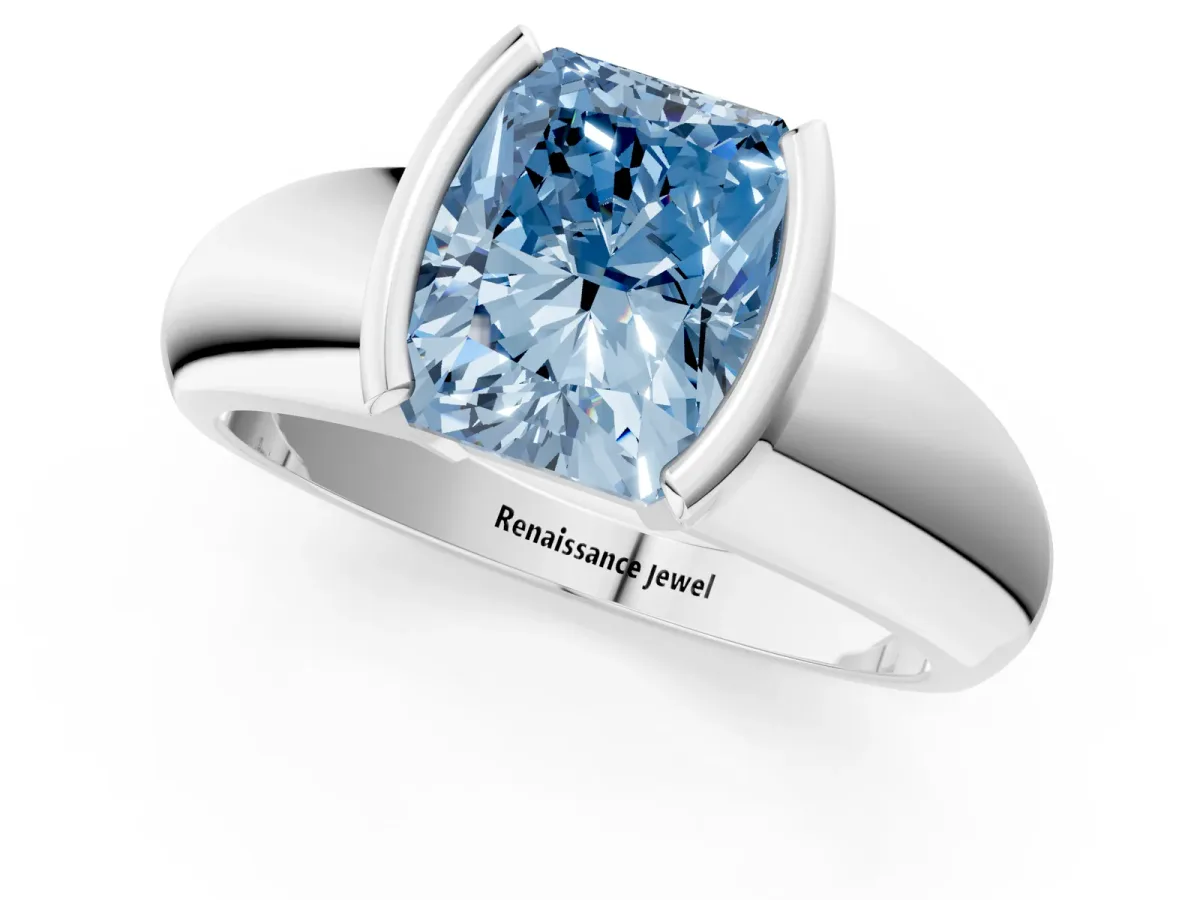 Fancy Blue Radiant Cut Solitaire Tension Set Diamond Ring with Wide Band Platinum