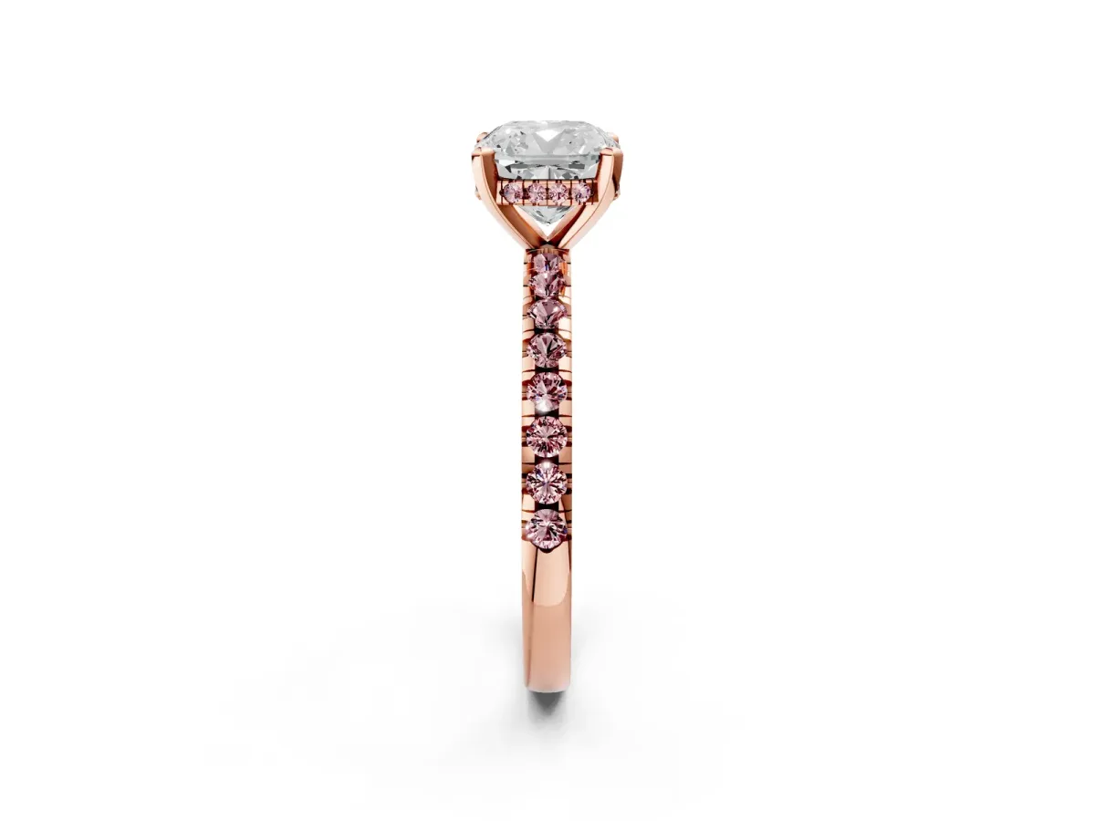 Cushion Cut Diamond Solitaire Ring with Round Morganite Pavé Band and Four-Prong Setting Rose gold