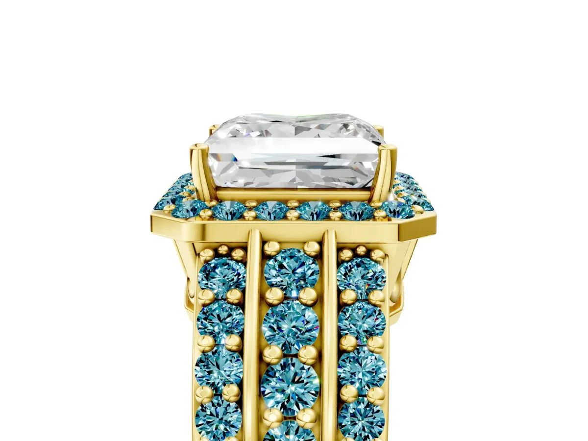 Princess Cut Halo Diamond Ring with Round Blue Topaz Split Shank and Prong Setting Yellow gold