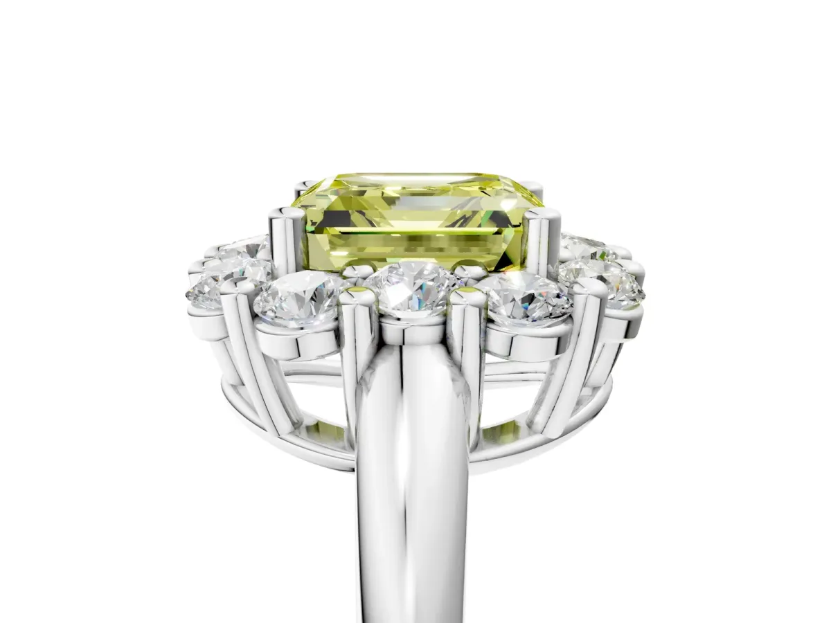 Fancy Yellow Asscher Cut Halo Cluster Diamond Engagement Ring with Prong Setting and Polished Band Platinum