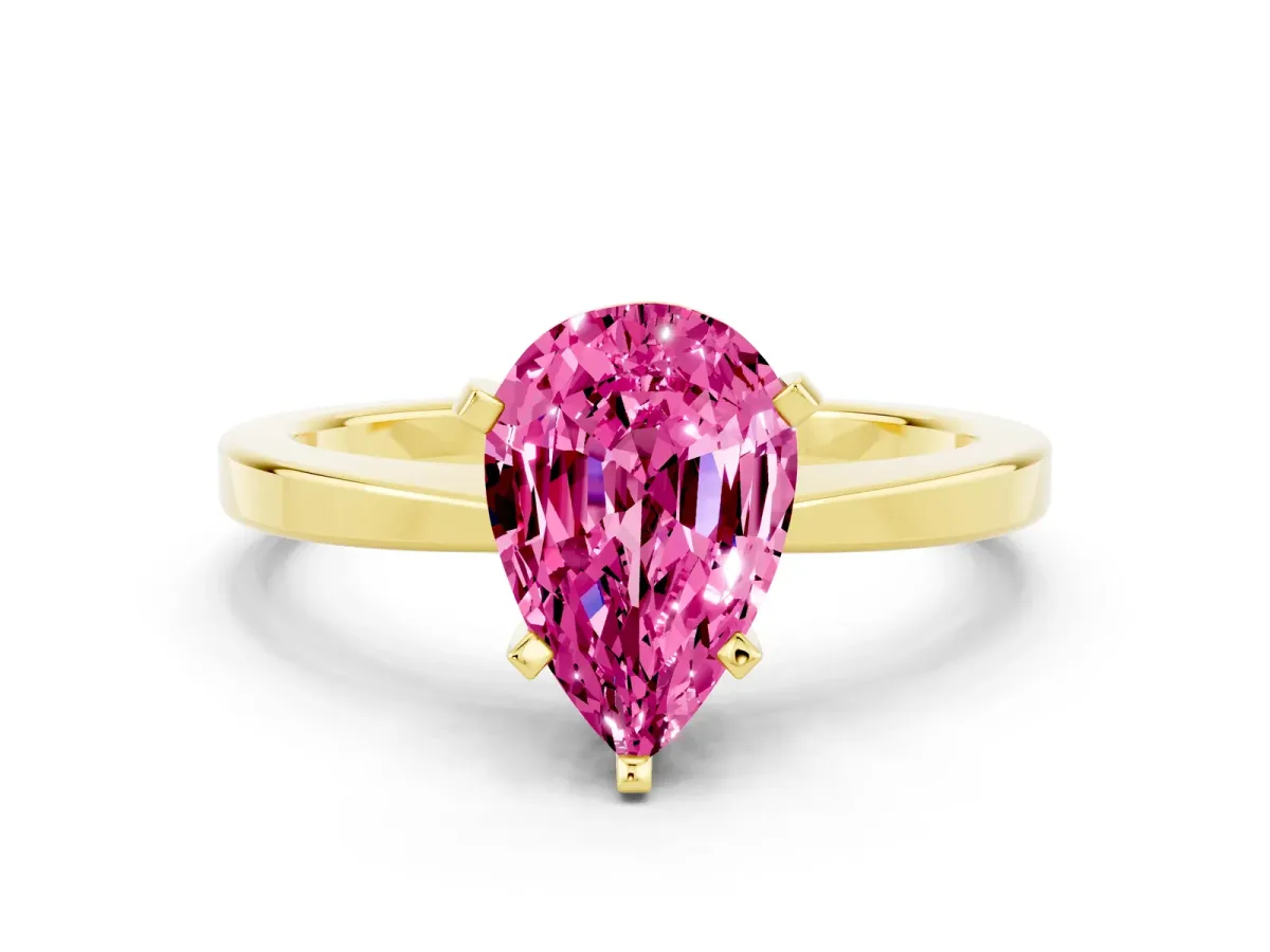 Pear Cut Pink Sapphire Solitaire Engagement Ring with Classic Band and Four-Prong Setting Yellow gold