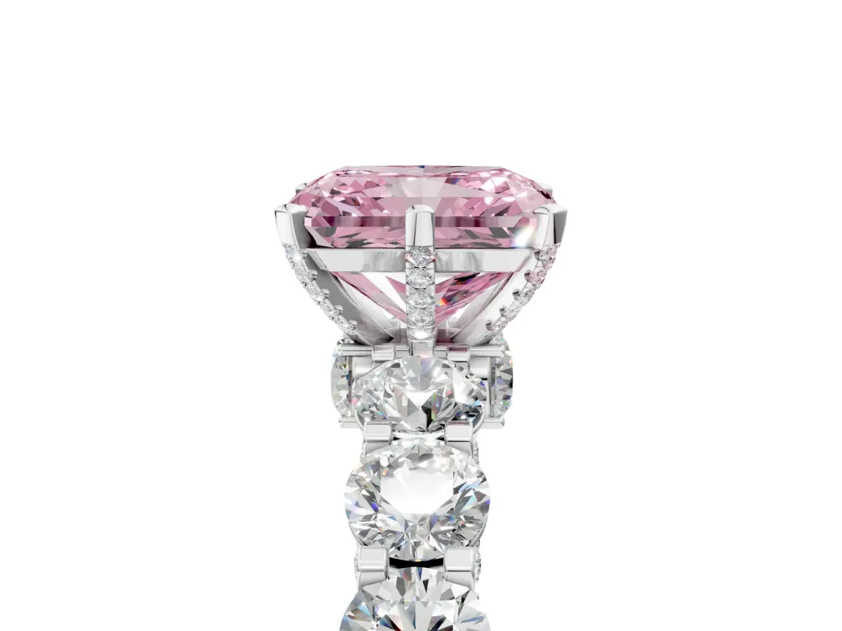 Fancy Pink Radiant Cut Diamond Side Stone Engagement Ring with Four-Prong Setting White gold