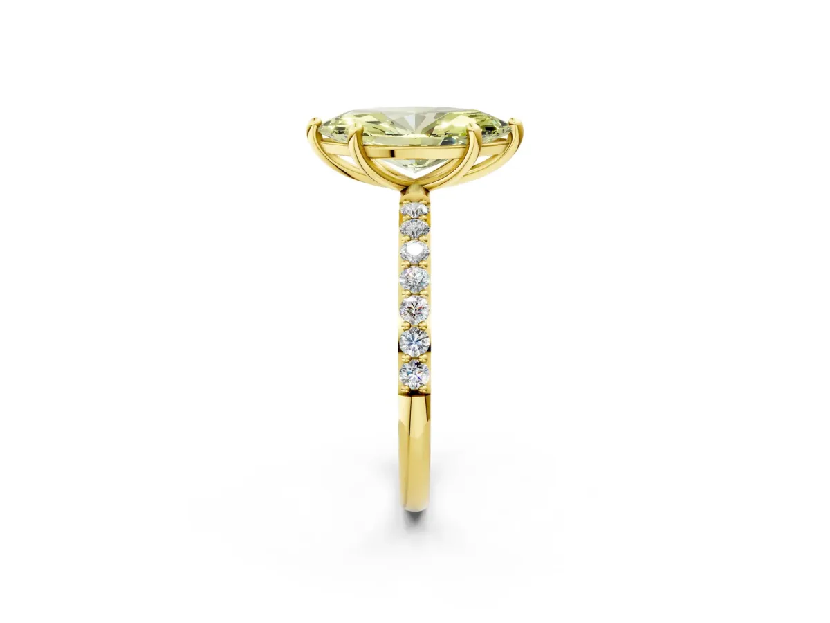 Fancy Yellow Marquise Cut Diamond Solitaire Ring with Round Pavé Band and Prong Setting Yellow gold