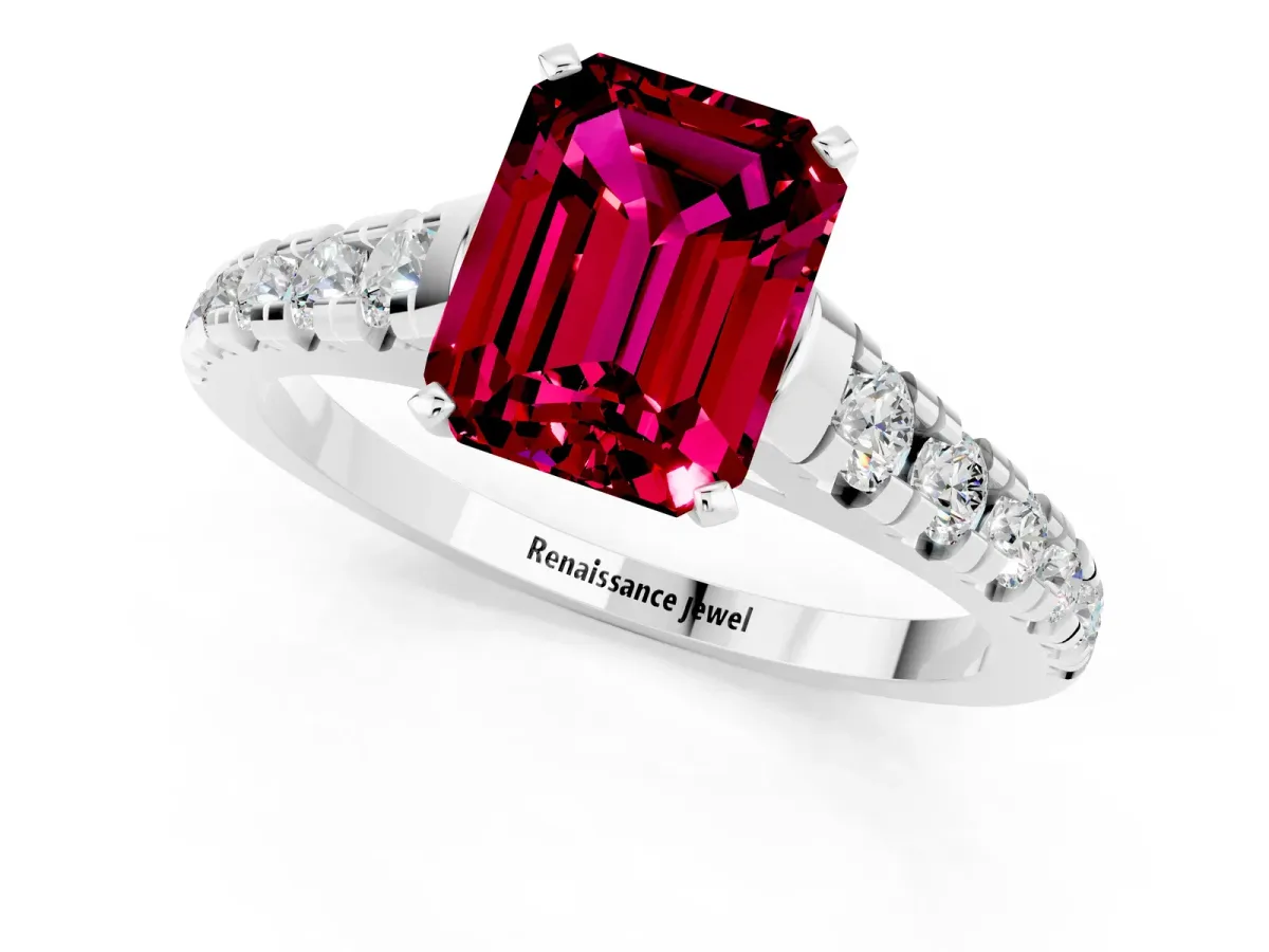 Emerald Cut Garnet Cathedral Solitaire Ring with Round Pavé Band White gold
