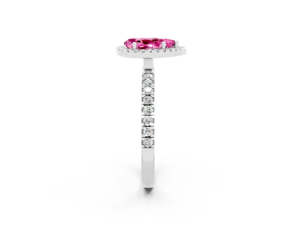 Pear Cut Pink Sapphire Classic Halo Engagement Ring with Round Pavé Band and Prong Setting Silver