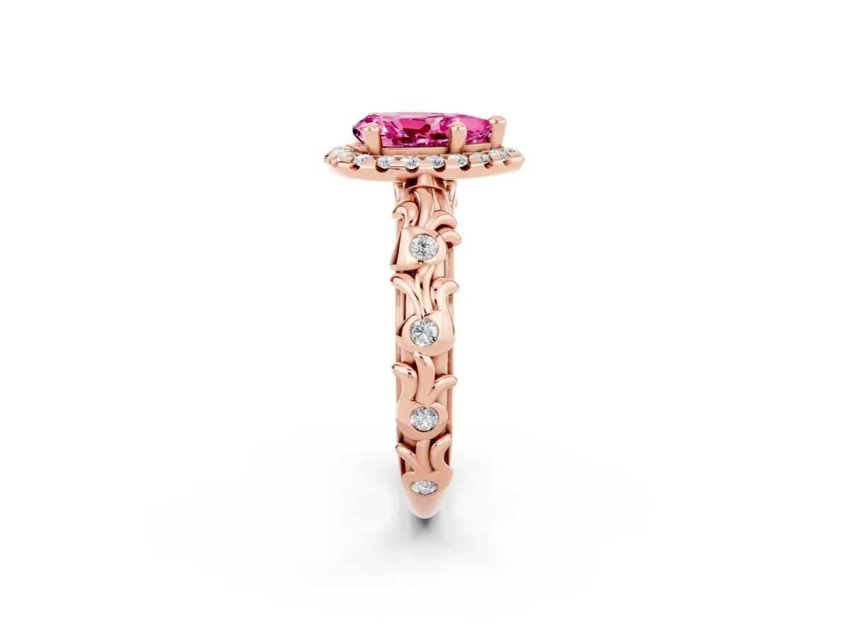 Pear Cut Pink Sapphire Halo Ring with Filigree Band and Prong Setting Rose gold