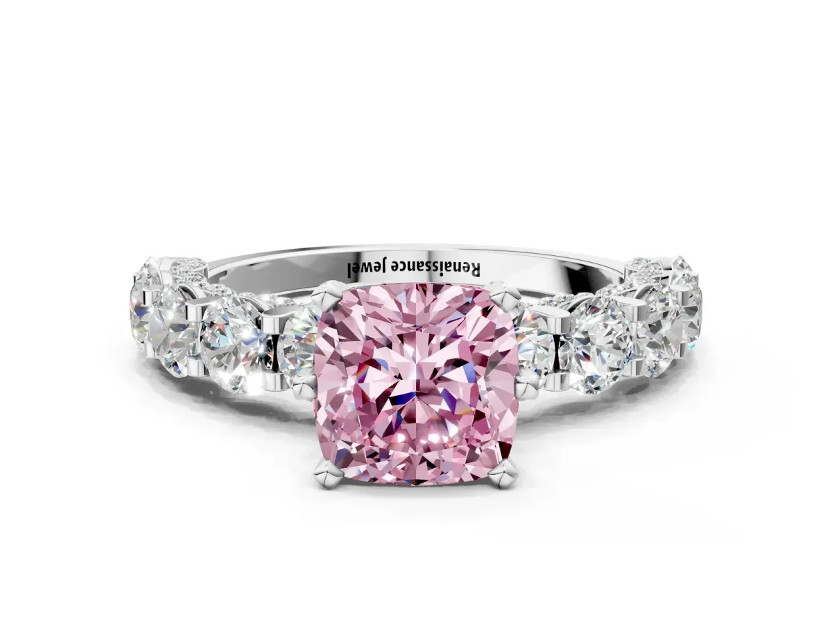 Fancy Pink Cushion Cut Diamond Side Stone Engagement Ring with Four-Prong Setting Silver
