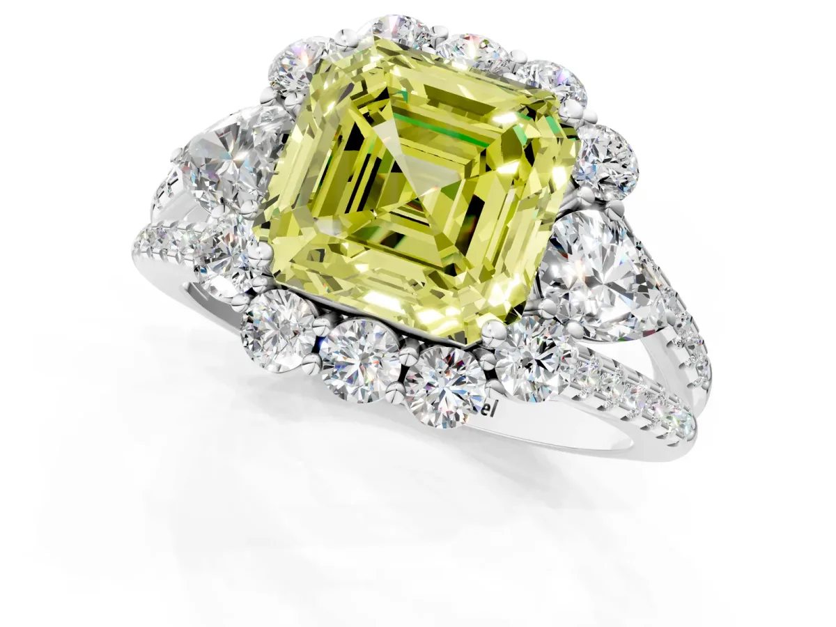 Fancy Yellow Asscher Cut Halo Split Shank Diamond Engagement Ring with Prong Setting Platinum