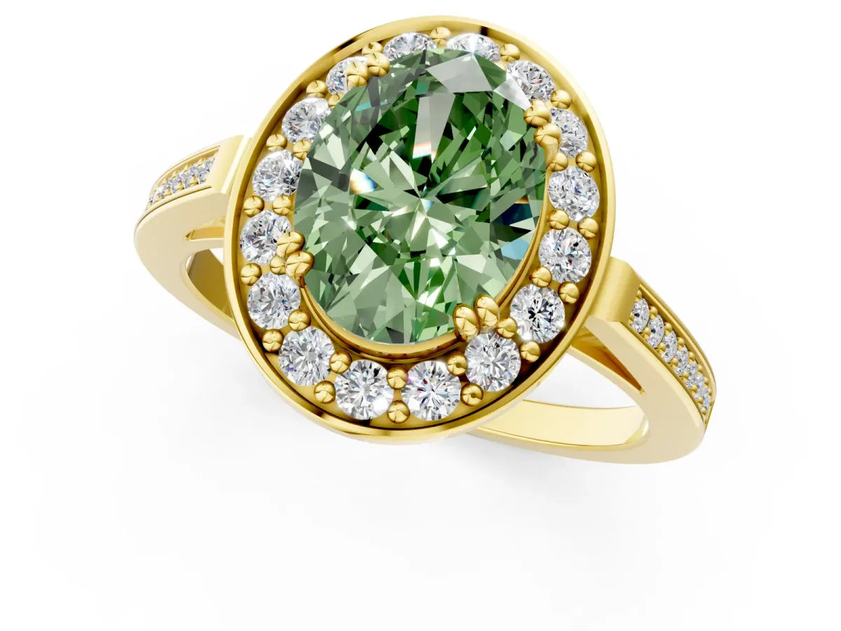 Fancy Green Oval Cut Diamond Halo Ring with Split Shank and Four-Prong Setting Yellow gold
