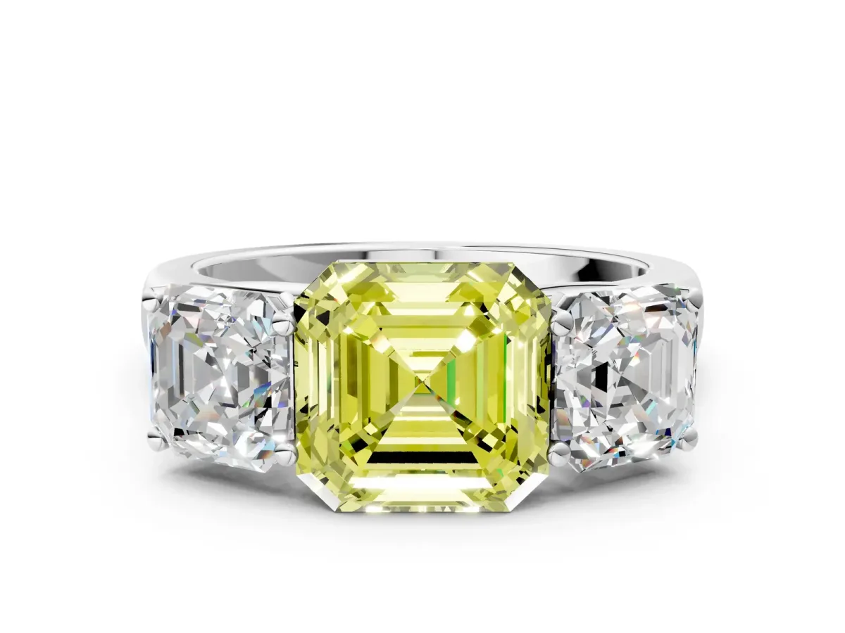 Fancy Yellow Asscher Cut Three-Stone Diamond Ring with Prong Setting on a Classic Band Platinum