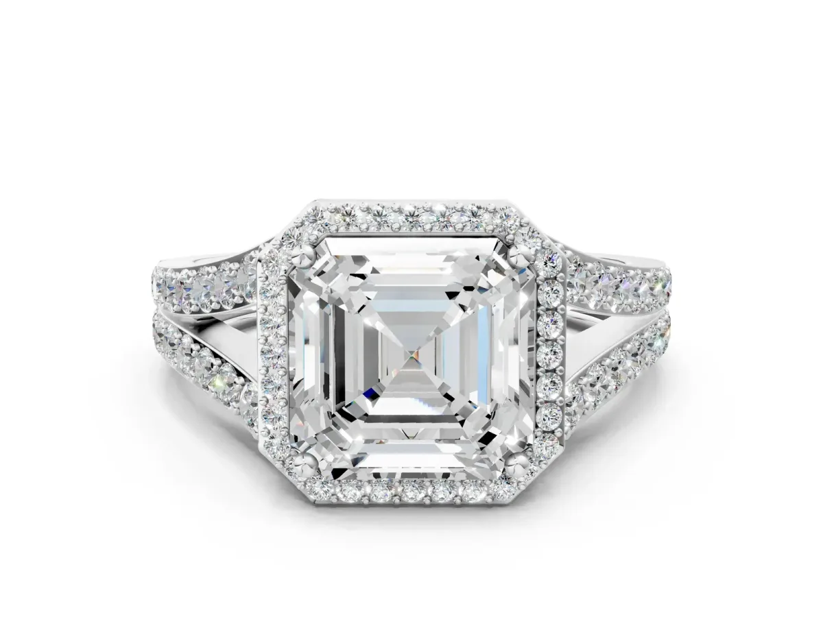Asscher Cut Diamond Split Shank Halo Ring with Four-Prong Setting Platinum